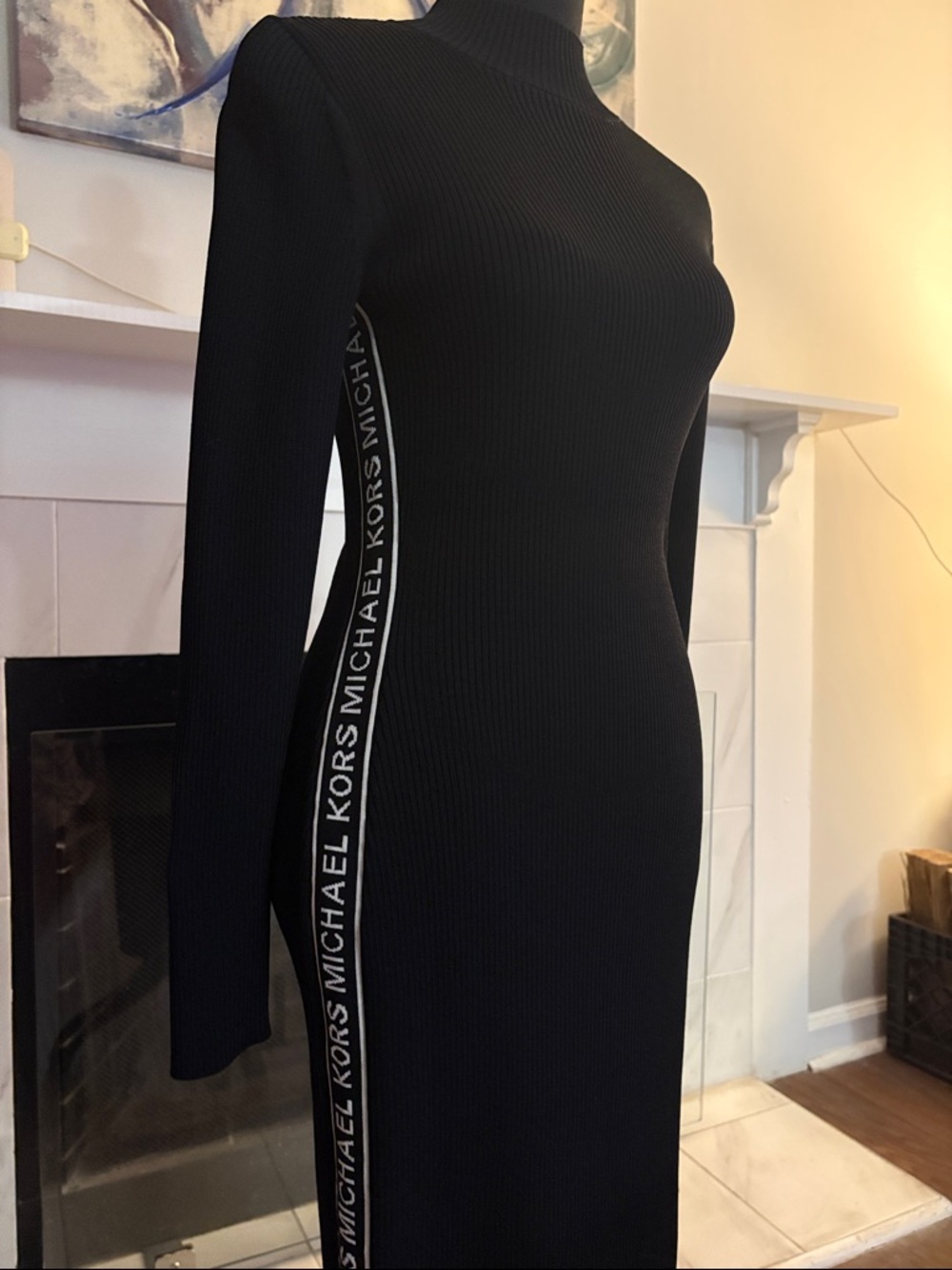 Michael Kors Black Ribbed Midi Dress with Logo Side Tape